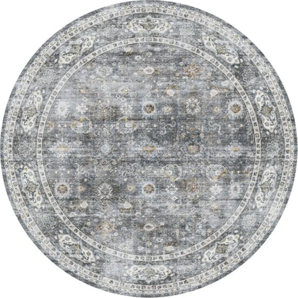 New 4ft Washable Grey Circular Rug, Non-Slip Low Pile Carpet for Bedroom & Dorm